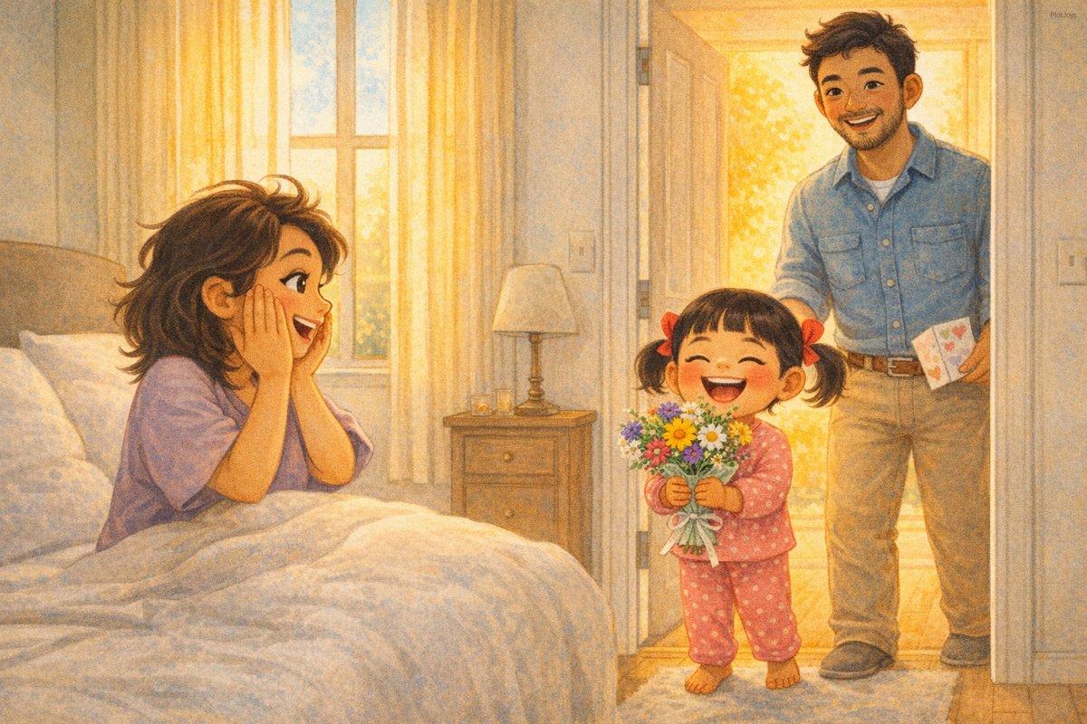 Mother's Day morning. Bedroom doorway. JiaLin in the doorway holding a hand-picked bouquet of flowers (slightly messy, s