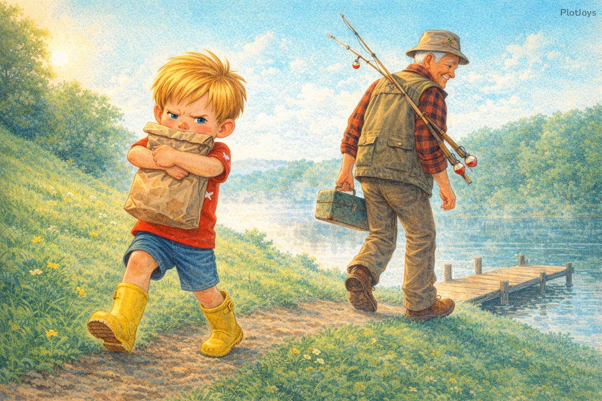 Liam and Grandpa carrying tackle box, poles, and a brown paper bag down a hill toward the lake