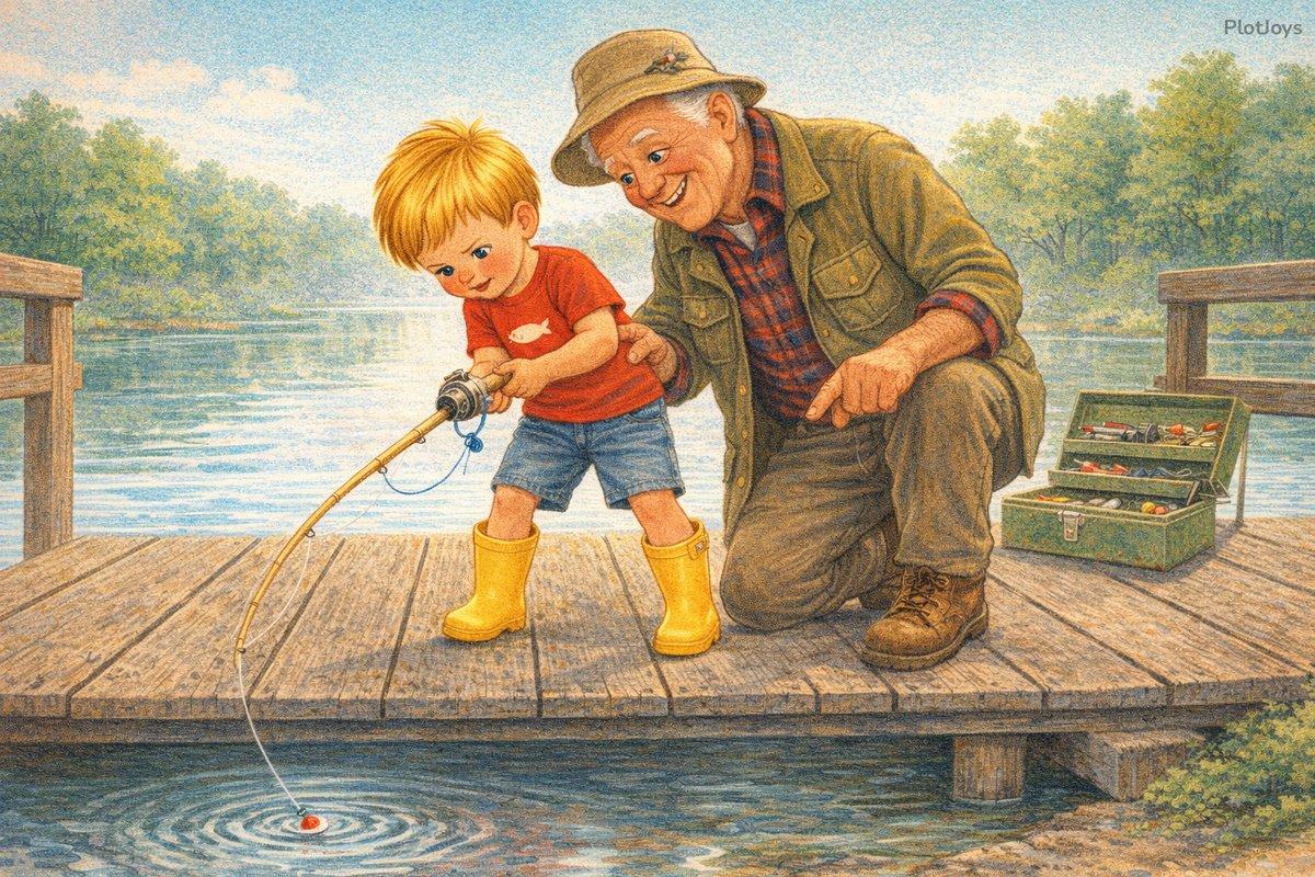 Grandpa showing Liam how to cast, the fishing line going whoooosh over the lake