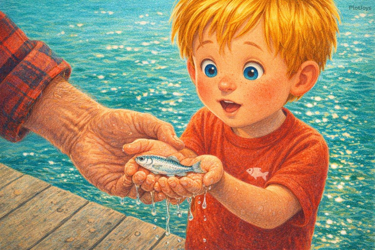Liam holding a small silver fish in his hands, whispering in wonder
