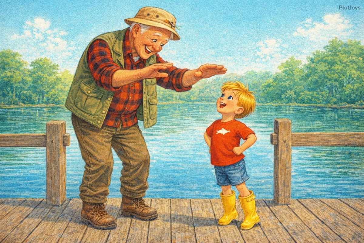 Liam looking up at Grandpa with wide eyes, amazed that Grandpa was ever little