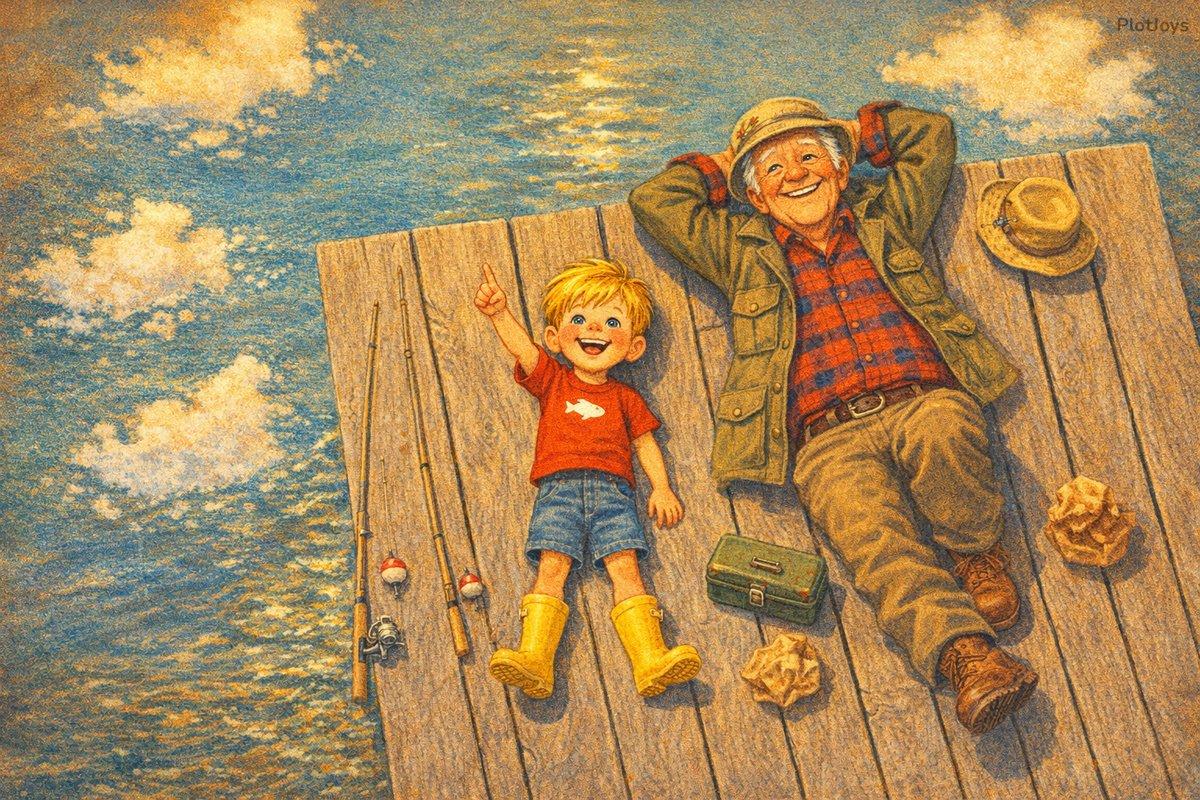 Liam and Grandpa lying on the warm dock watching clouds, pointing at shapes in the sky