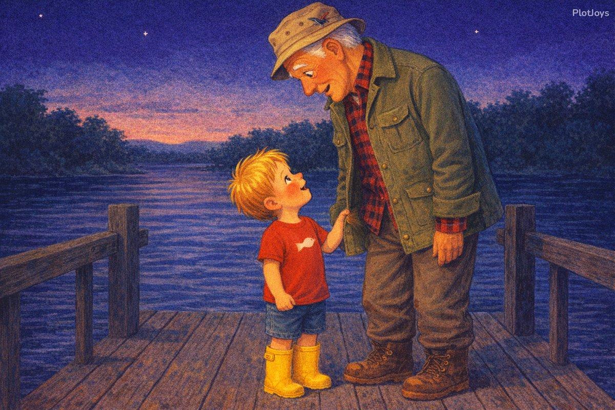 Liam looking up at Grandpa at sunset, asking if this was his best day too