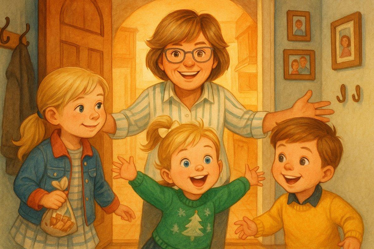 Three excited grandkids arriving at Grandma's kitchen on Thanksgiving