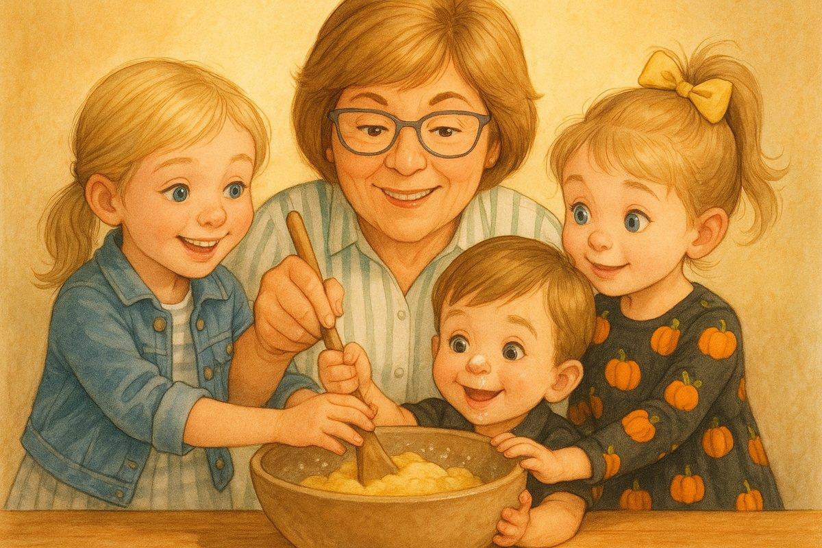 Kids chanting and stirring golden dough together