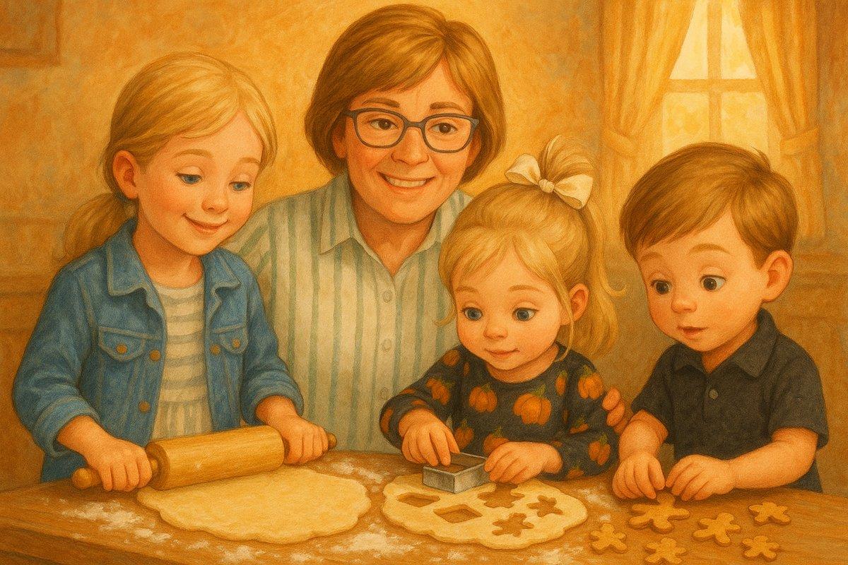 Each child with a task — rolling walls, cutting windows, making gingerbread people