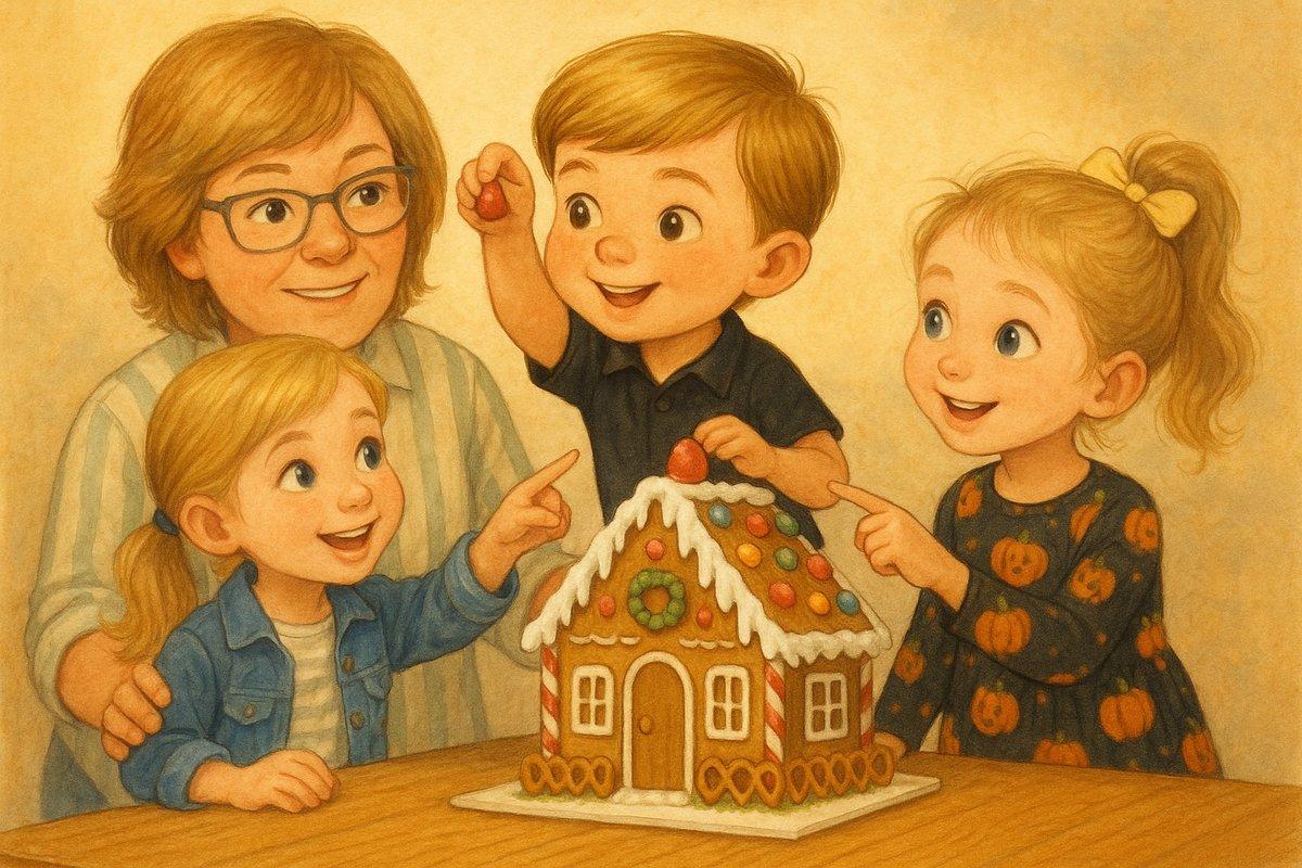 Nelson giggling and adding one more candy to the house