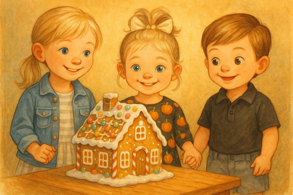 Everly exclaiming at their finished gingerbread masterpiece