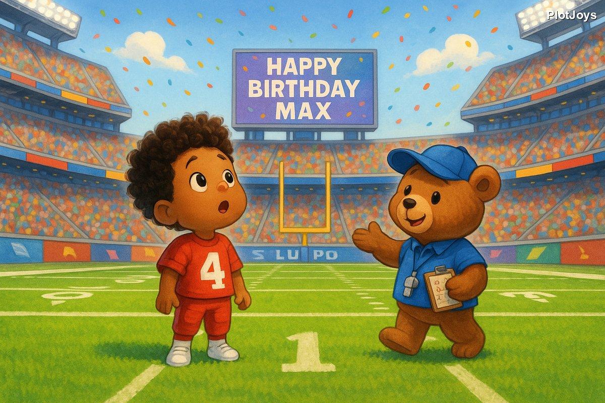 Max standing on a real football field, amazed