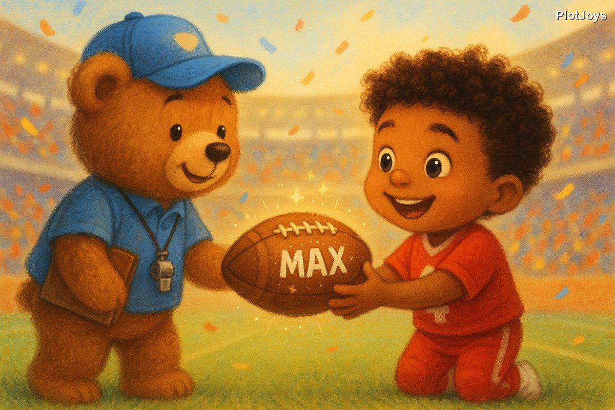Coach Bear smiling and telling Max he is the quarterback