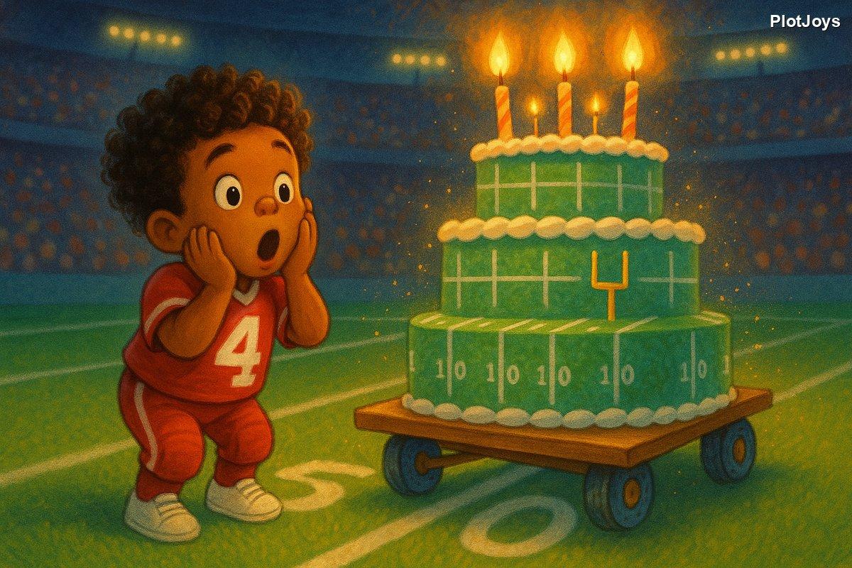 A birthday cake appearing on the football field