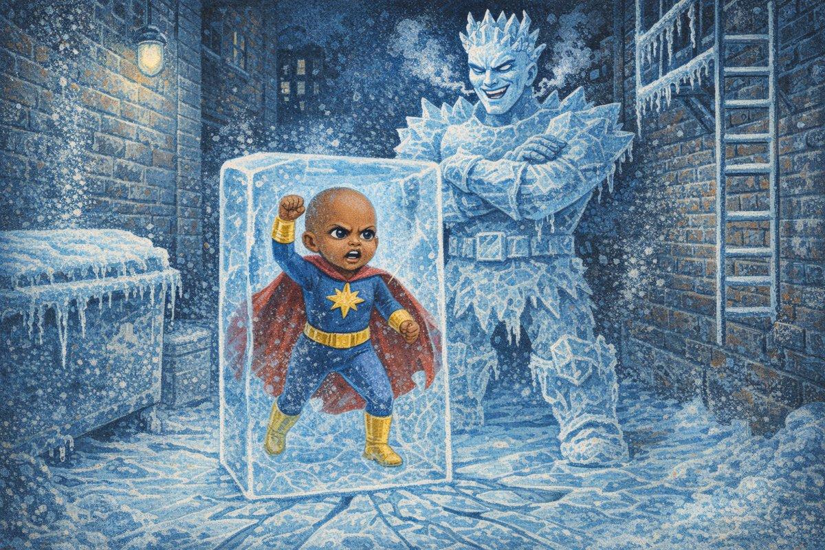 Maya frozen in solid ice, head to toe