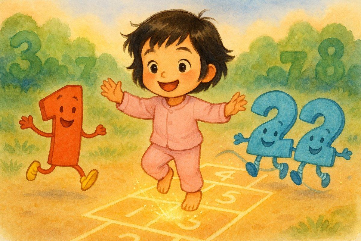 Mia jumping and counting, numbers everywhere cheering