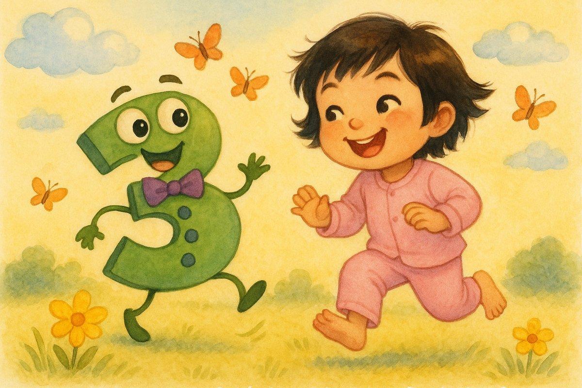 Number Three hopping by cheerfully