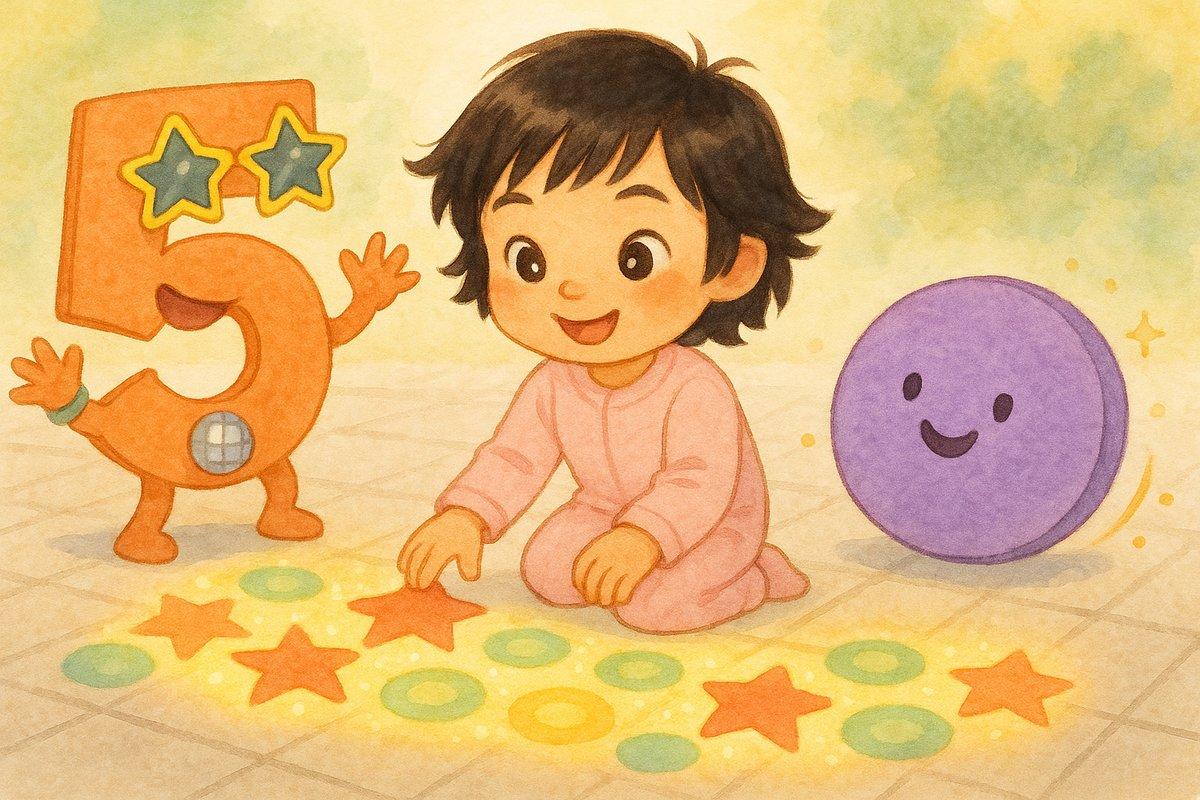 Mia giggling making star and circle patterns