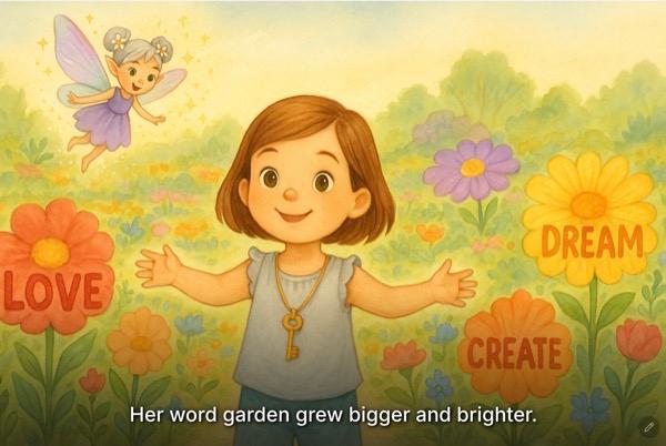 Emma in a garden of word-flowers — a real PlotJoys story