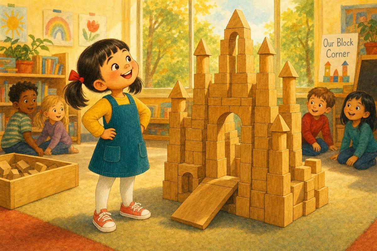 JiaLin stands back, hands on hips, admiring the block castle she built piece by piece as classmates look on
