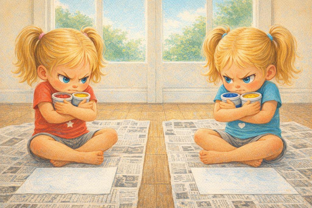Twin sisters Ava and Zoe each clutch the paint cups — “mine!”