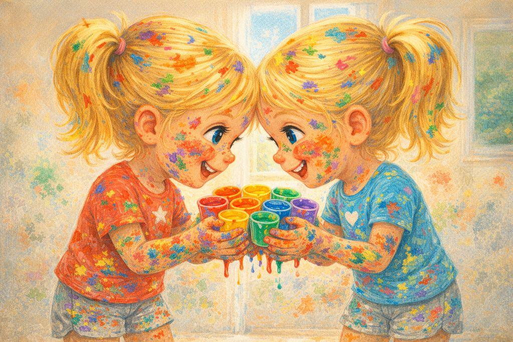 Twin sisters Ava and Zoe giggle together, paint-splattered, holding all the colorful paint cups they decided to share