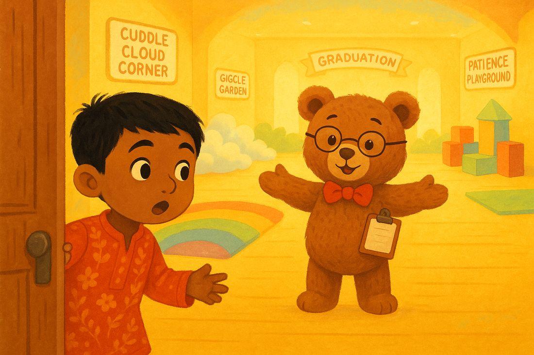 A magical training academy appears — a friendly toy teddy in glasses welcomes Aarav into a colorful room with three play zones