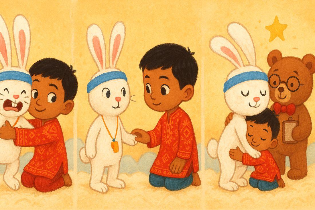 Aarav practices a “gentle giant hug” with a toy bunny — too tight, too loose, then just right — learning to be gentle with a baby