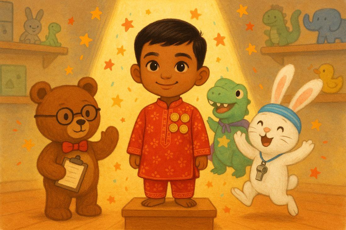 Aarav stands proud on a podium wearing his badges as his toys cheer — graduating big-brother training
