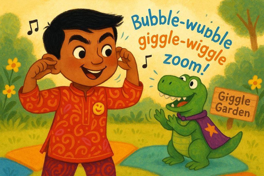 A toy dinosaur in a star cape teaches Aarav a silly soothing song while the toys giggle on rainbow mats