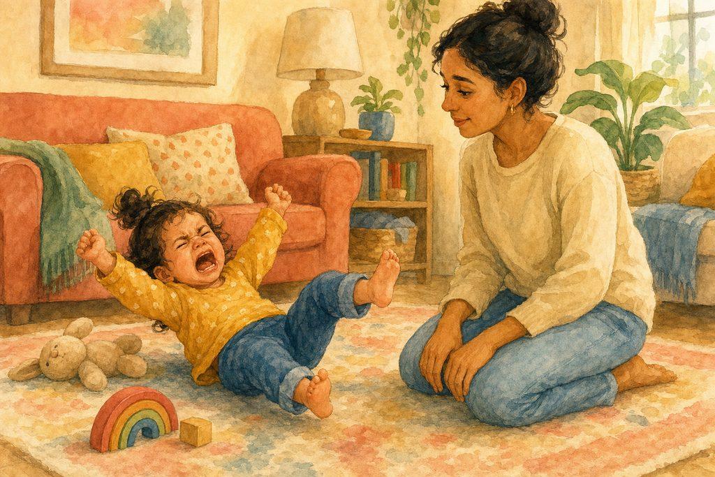 A 2-year-old mid-tantrum on the living-room floor, arms flung up, while a calm parent kneels nearby