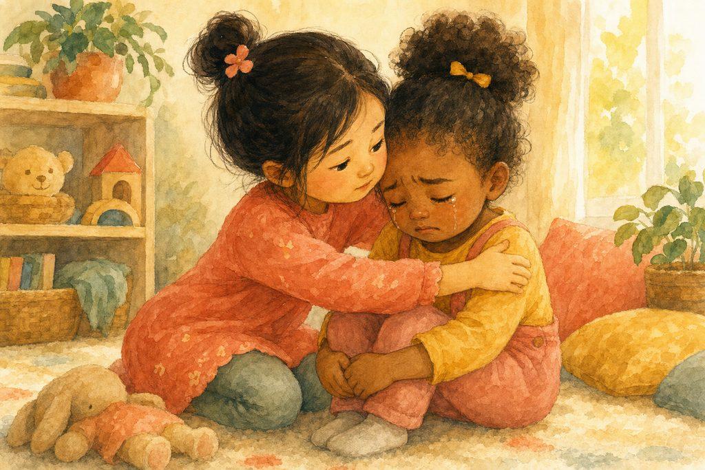 A 4-year-old tenderly hugging and comforting a teary friend — empathy blooming