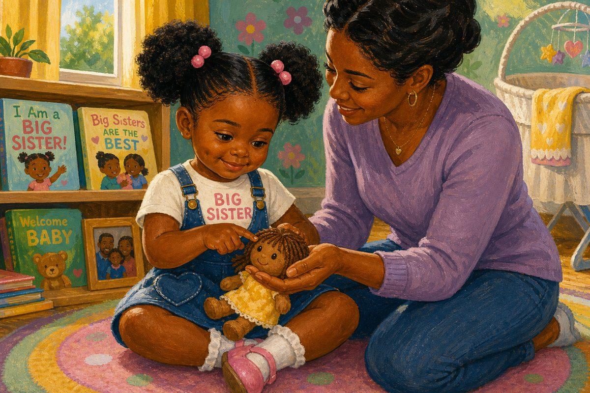Aaliyah practices gentle hands on her rag doll while a parent guides her fingertip, rehearsing how to be soft with the new baby — a sample big-sister storybook page.