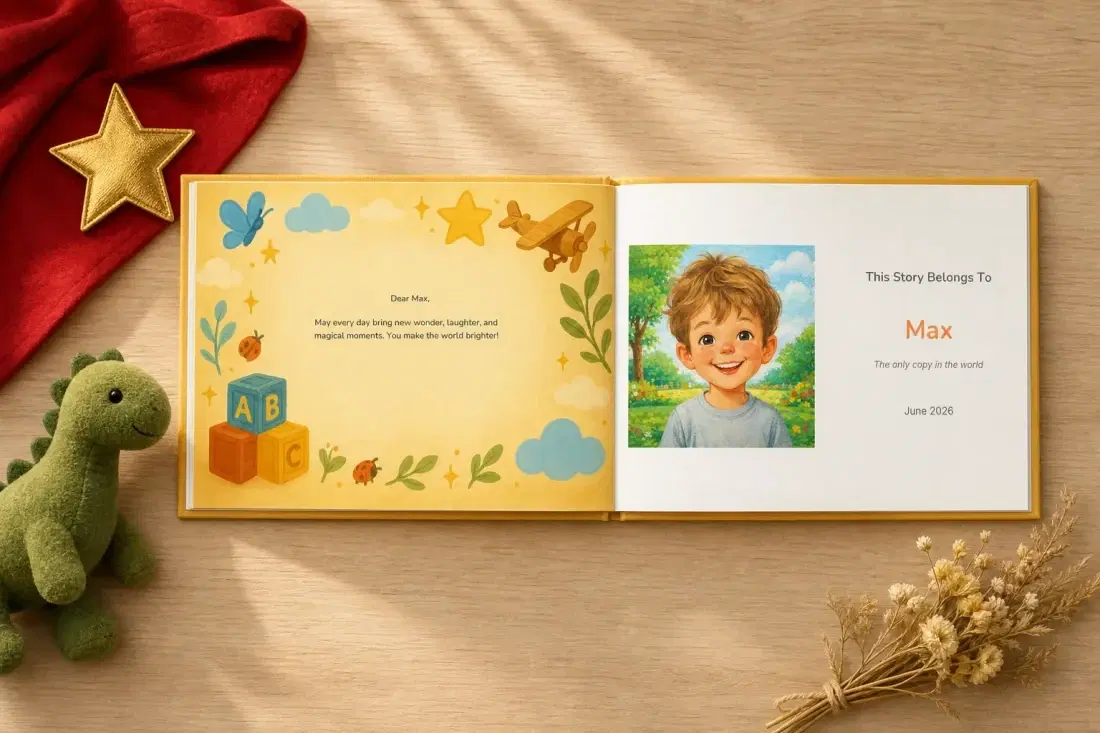 The dedication page of a personalized big-sibling storybook, printed with the older child’s name and a note from their parents