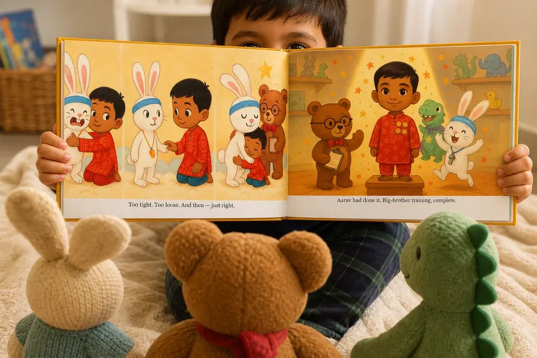 A child holds his personalized big-sibling storybook open toward a semicircle of stuffed animals, reading his big-brother training pages aloud to them
