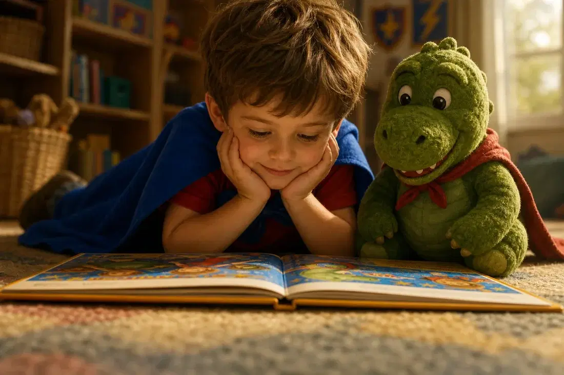 A child lying on the floor propped on their elbows, reading a personalized storybook where they are the hero