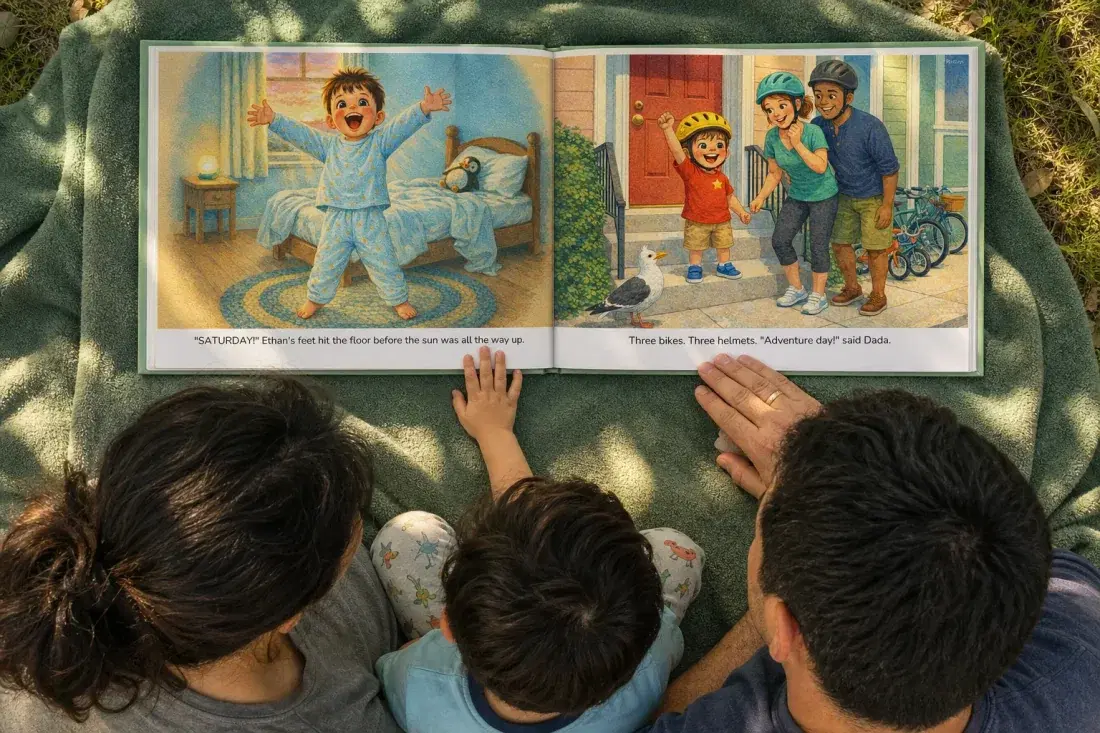 Three children lying on a blanket reading a personalized storybook together