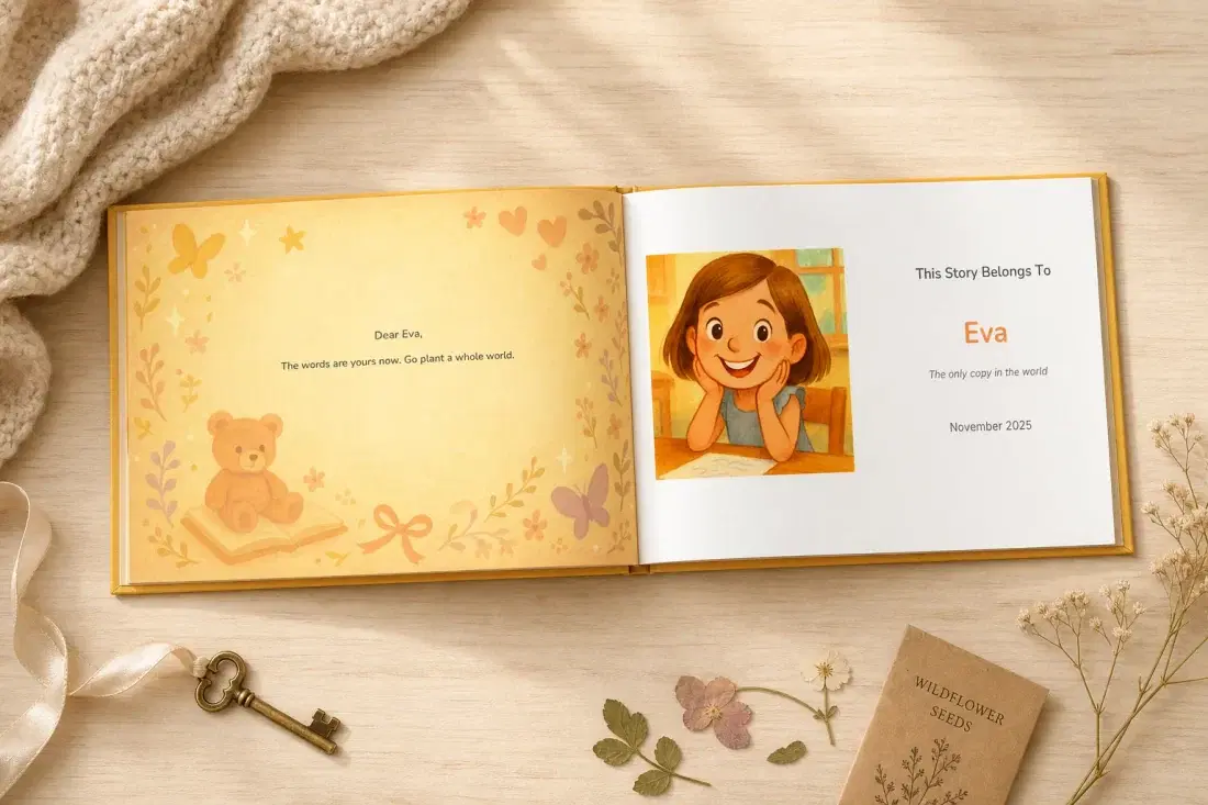 The dedication page of a personalized storybook, printed with the child’s name