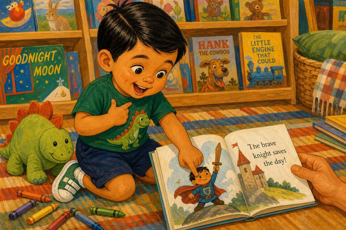 Diego, a 3-year-old Latino boy, points at the hero on the page and then at himself, recognizing that his personalized book's main character is really him.