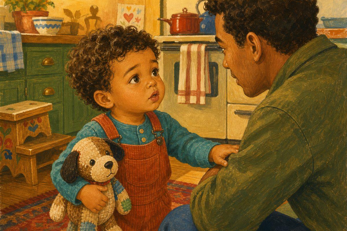 Eli’s grown-up crouches to his eye level and models the calm words, and Eli tries the “big-kid voice” back — “up, please”