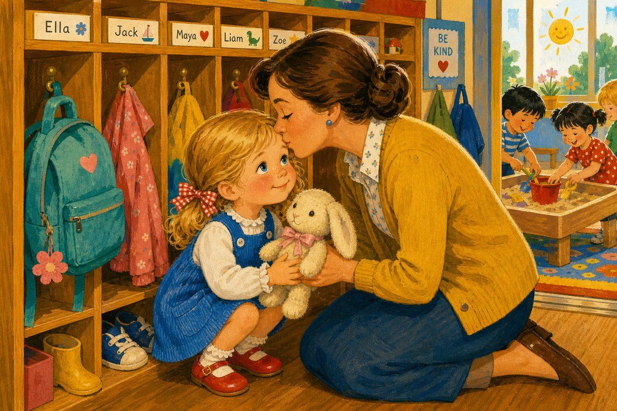 Ella receives a quick kiss and her comfort bunny at the classroom cubby, a practiced short-and-sweet first-day goodbye, her teal backpack hung on the hook.