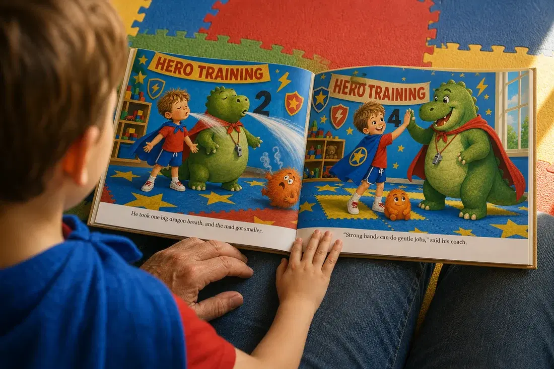 Seen from behind, a small child in a blue felt superhero cape reads his personalized gentle-hands storybook open on the playroom mat