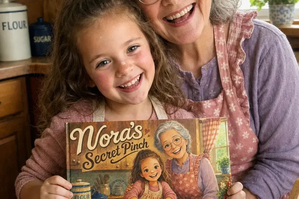 A grandmother and her granddaughter holding up their personalized storybook together, both mid-laugh, fresh cookies beside them