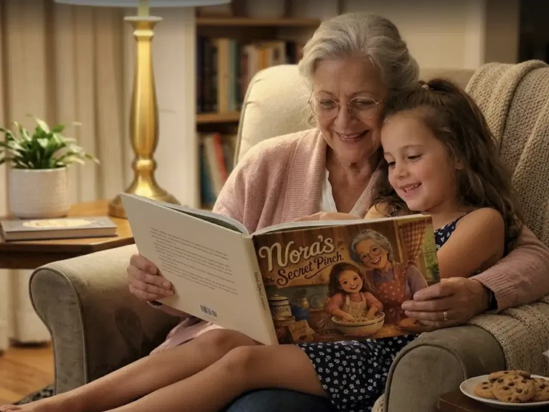 A grandmother and her granddaughter curled into an armchair together, reading their personalized storybook