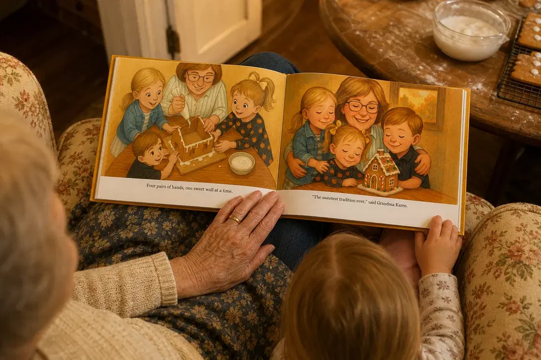 A grandmother reads the family’s personalized gingerbread-house storybook open across her lap in a floral armchair, a grandchild leaning in beside her