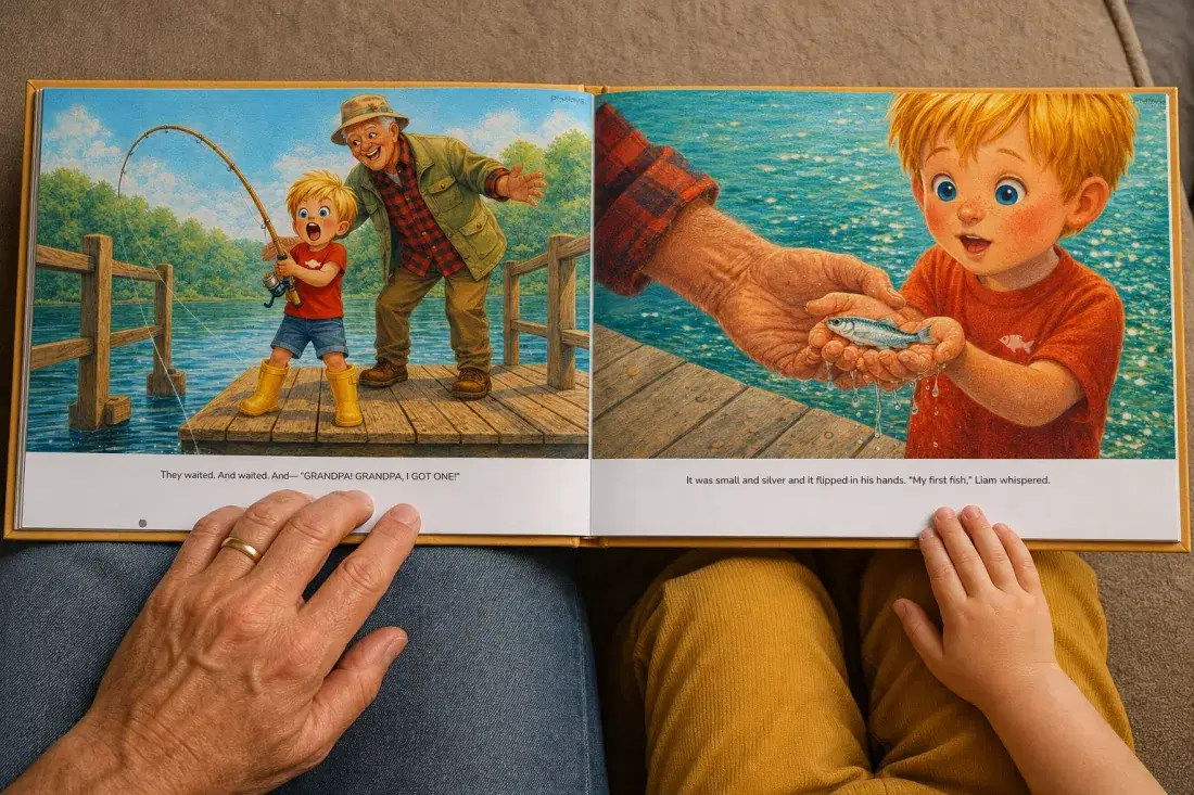 A grandparent and grandchild holding a personalized storybook open between them, both hands on the page
