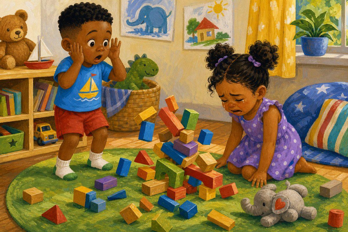 A toddler stands frozen after knocking over a friend’s block tower as she starts to cry — the moment before a parent says “say you’re sorry”