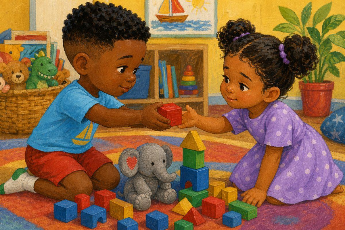 Jonah says sorry and hands Amara a red block as they start rebuilding the tower together — sorry plus helping fix it