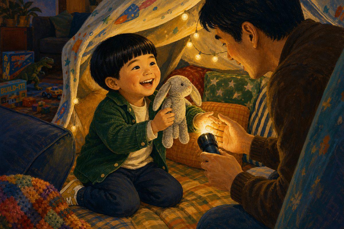 Kai laughs with his stuffed bunny inside a homemade pillow fort as a grown-up joins him, discovering the best gift is time together, not another toy.