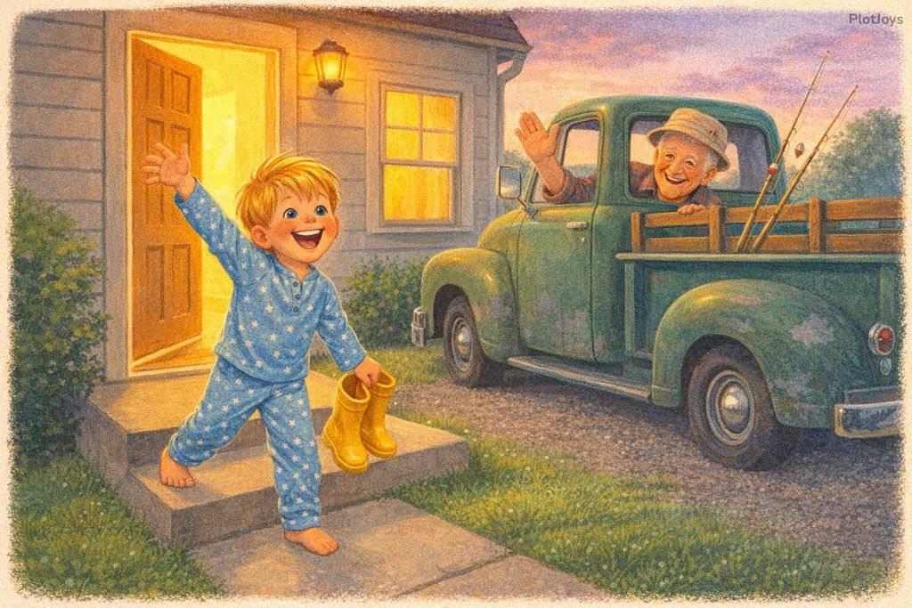 Liam, a small blond boy in star pajamas, waves from his front step at dawn as Grandpa pulls up in a green pickup with fishing rods in the back.