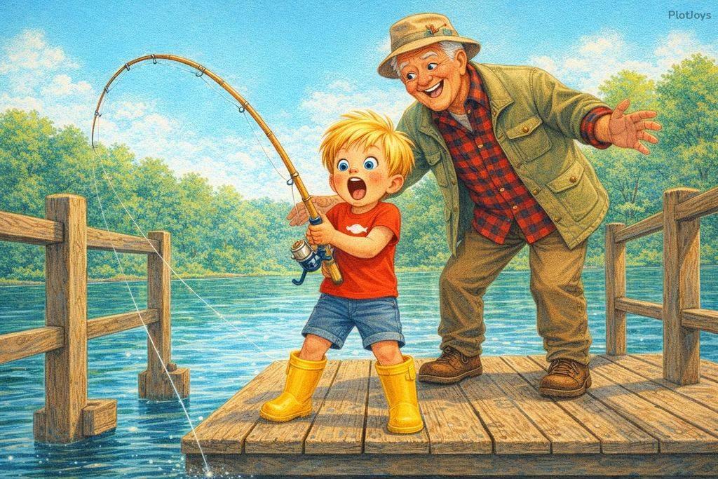 On a wooden dock, Liam's fishing rod bends hard while Grandpa, in a plaid shirt and bucket hat, leans in cheering.