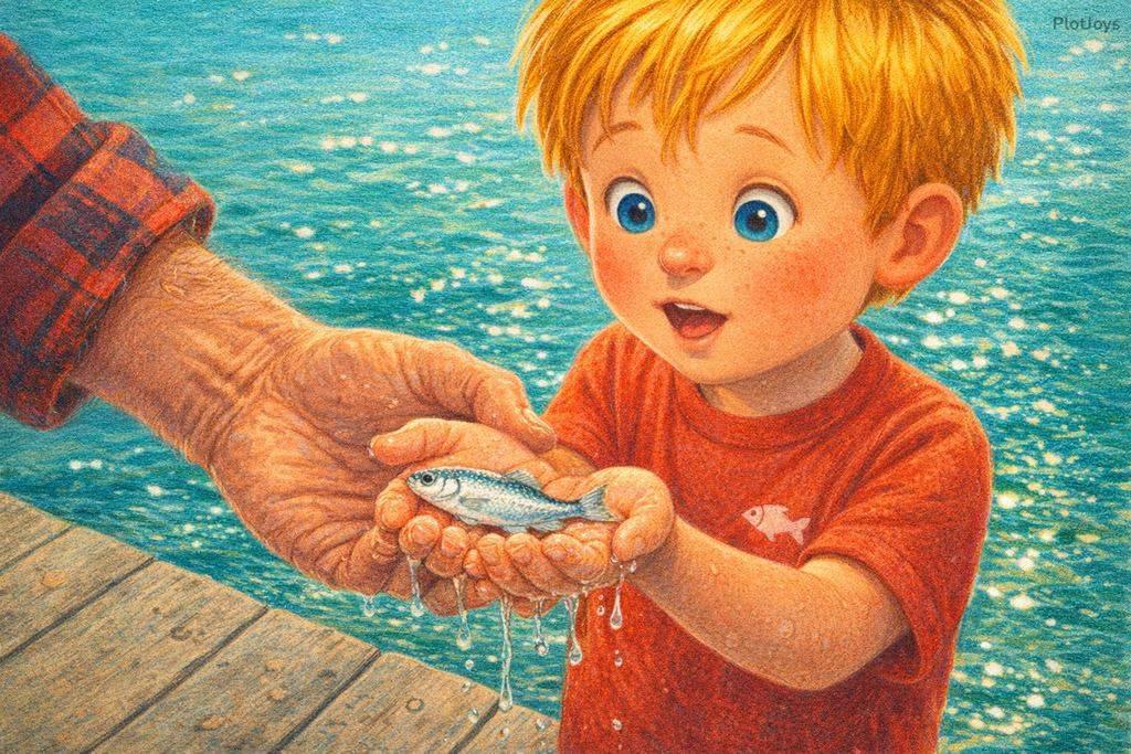 Grandpa's weathered hands hold a small silver fish out to Liam, who stares at it wide-eyed with the lake sparkling behind him.