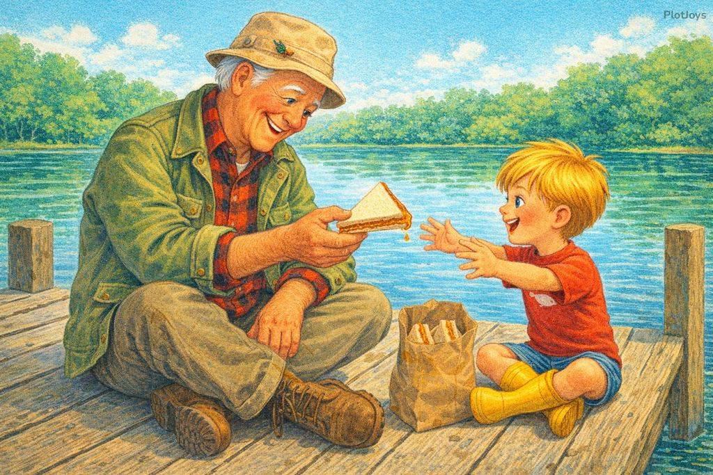 Grandpa and Liam sit cross-legged on the dock sharing sandwiches from a paper bag, the lake and trees behind them.